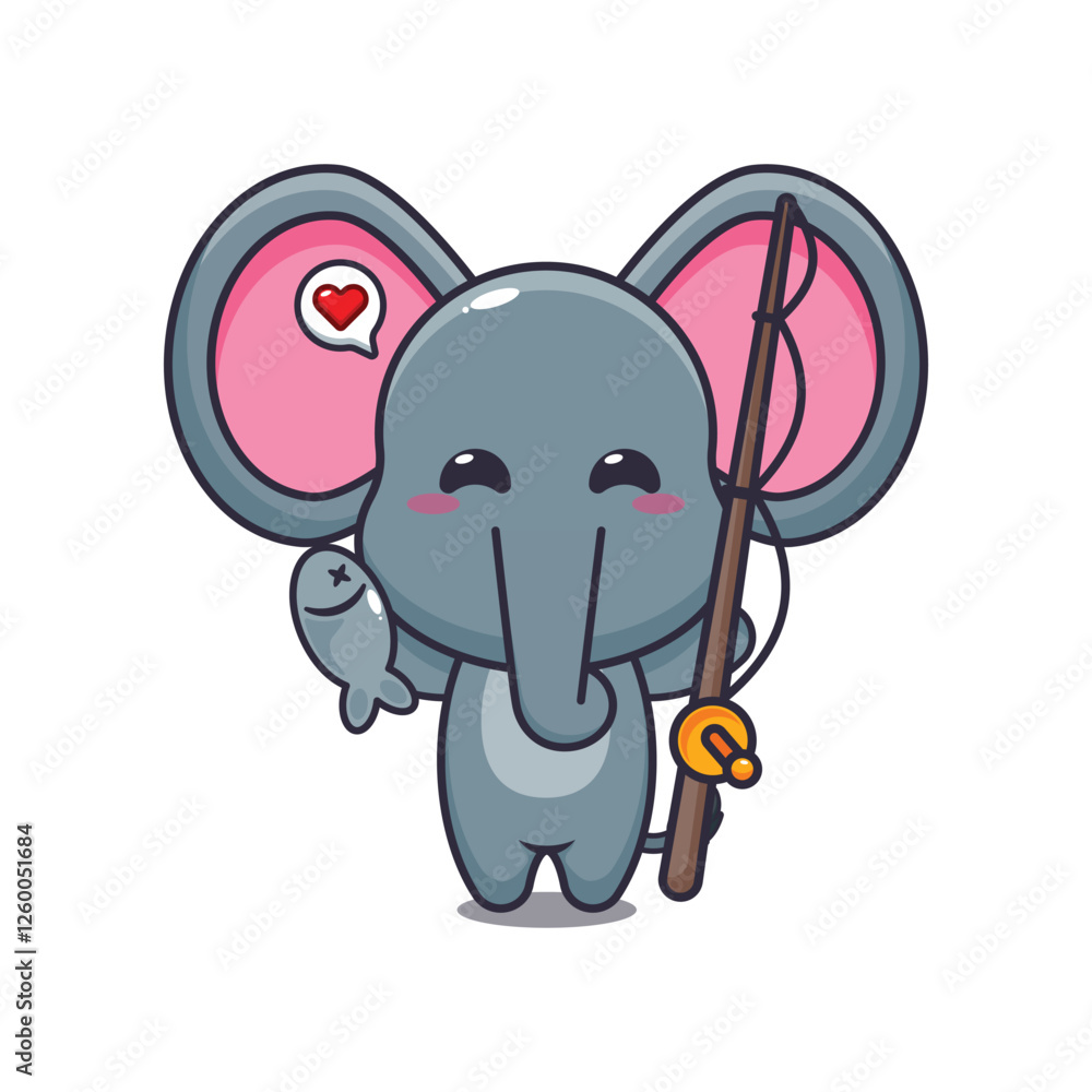 Fototapeta premium Cute elephant catching fish with fishing rod cartoon vector illustration