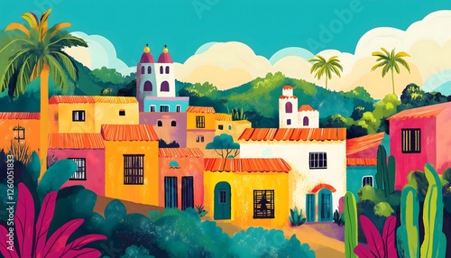Painted illustration of a town with colorful hacienda houses