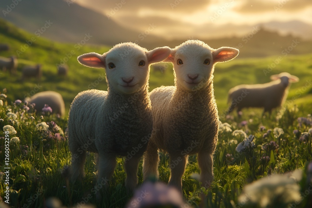 Two adorable lambs in a sunlit pasture with other sheep and wildflowers. Two adorable lambs in a sunlit pasture with other sheep and wildflowers.