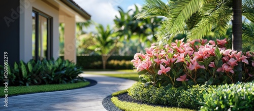 Wallpaper Mural Lush garden pathway leading to a modern home with vibrant pink flowers on the right, surrounded by rich greenery and palm trees. Torontodigital.ca