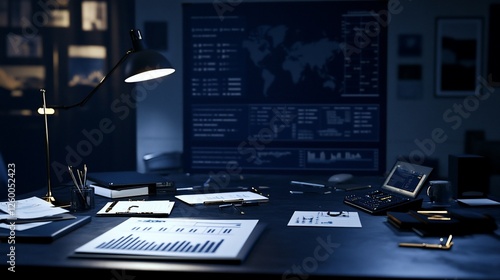 Messy office desk at night with financial charts and world map on the wall. photo