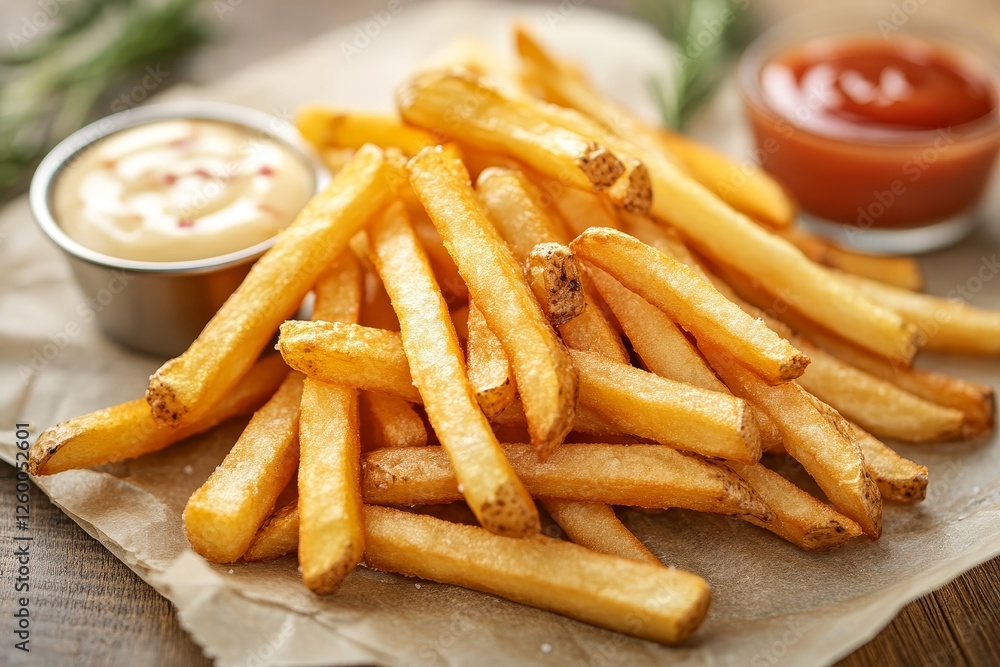 Crispy French fries with sauces, wooden background, food photography, menu use Crispy French fries with sauces, wooden background, food photography, menu use