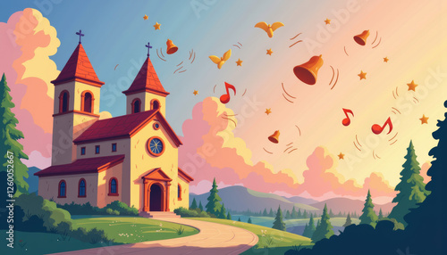 Wallpaper Mural Colorful church with musical notes and bells in a vibrant landscape Torontodigital.ca