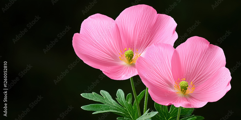 Fototapeta premium Beautiful pink flowers with green leaves against dark background