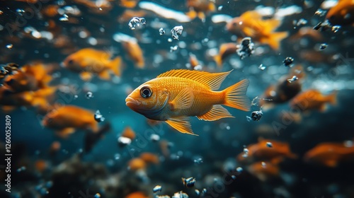 Fish navigate through microplastics and debris in the ocean depths near coral reefs photo