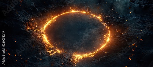 Vibrant orange glowing circular frame against a dark textured backdrop creating a bold and striking visual contrast with an empty center.
