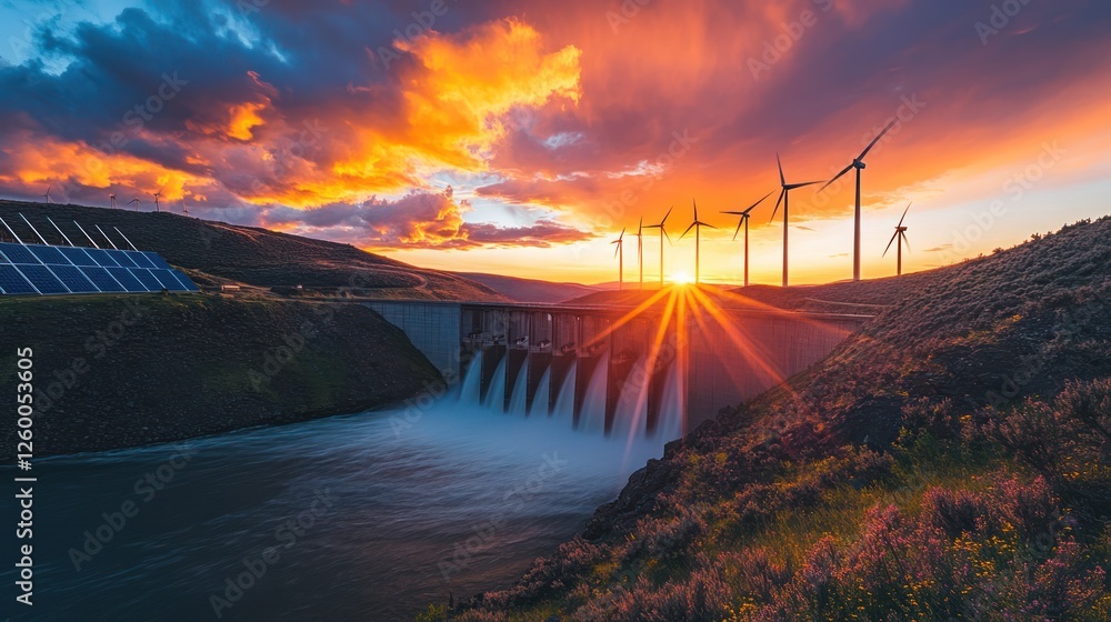 Obraz premium Sunset over hydroelectric dam & wind turbines