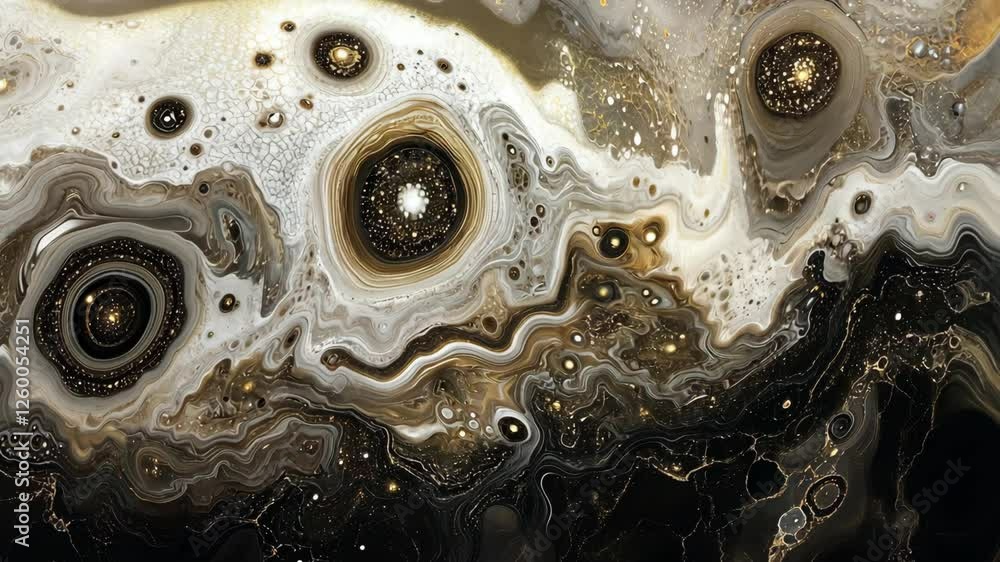 Abstract cosmic artwork featuring swirling patterns and contrasting colors in a celestial theme