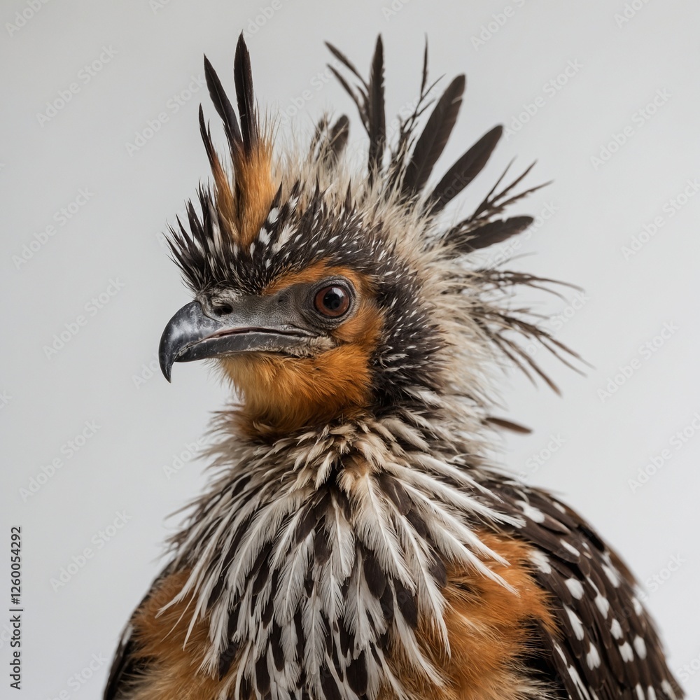 Fototapeta premium A hoatzin chick with tiny clawed wings, pure white background.