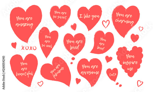 Set isolated hand drawn various red hearts with love confession quotes. Crafted with grunge crayon texture and handwritten typography. Ideal for stickers, decor of social media post for Valentines day