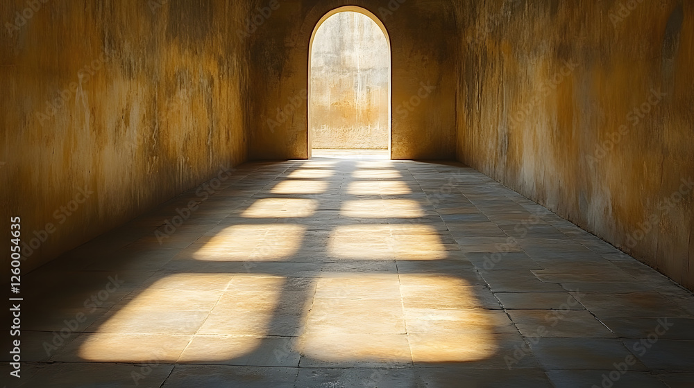 Obraz premium A serene corridor with an arched doorway, sunlight casting geometric shadows on the stone floor, creating a peaceful and inviting atmosphere