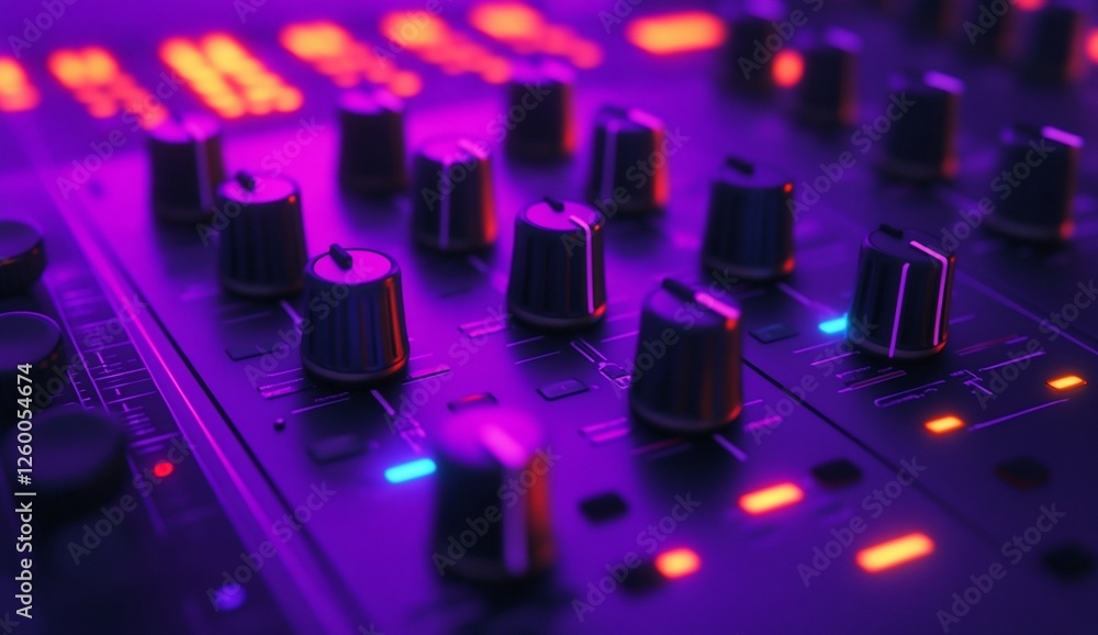 Close-up of a music mixer's control knobs and illuminated buttons in vibrant purple and orange lighting. Close-up of a music mixer's control knobs and illuminated buttons in vibrant purple and orange lighting.