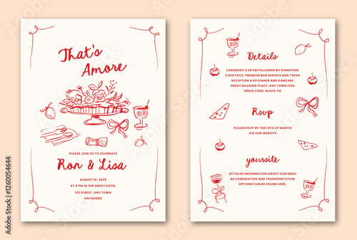 La dolce vita hand drawn whimsical doodle wedding invitation template