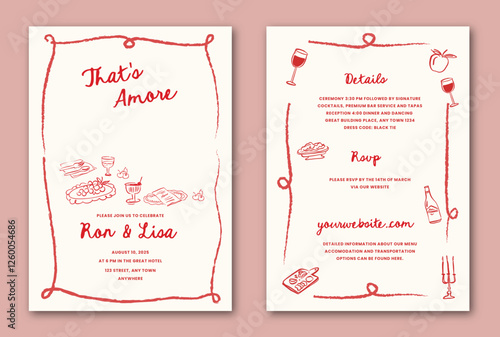 La dolce vita hand drawn whimsical doodle wedding invitation template