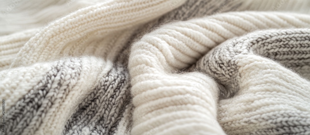 Soft gray and cream ribbed knit fabric with a textured design, featuring intertwining shades creating a soothing and cozy visual aesthetic. Soft gray and cream ribbed knit fabric with a textured design, featuring intertwining shades creating a soothing and cozy visual aesthetic.