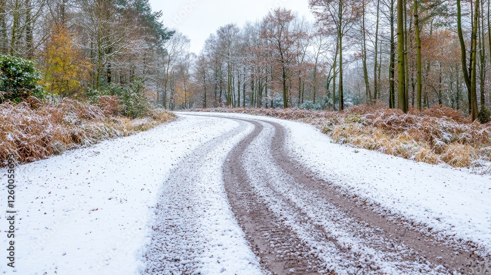 Snowy forest road curving through trees. Winter landscape photo for travel brochures Snowy forest road curving through trees. Winter landscape photo for travel brochures
