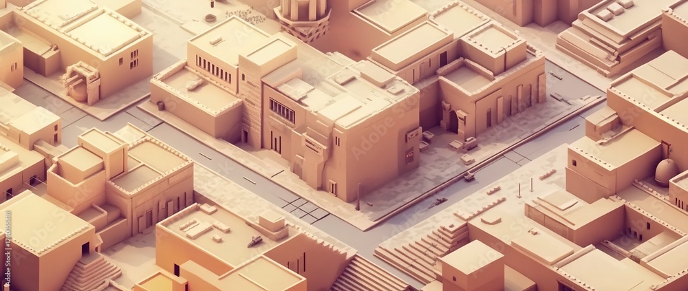 Low-poly 3D model of a desert city with buildings and streets. Low-poly 3D model of a desert city with buildings and streets.