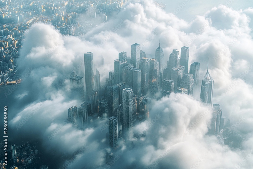 City of clouds with towering skyscrapers and serene blue sky at sunset City of clouds with towering skyscrapers and serene blue sky at sunset