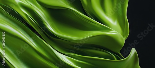 Vivid green abstract silk waves on dark background creating striking contrast and bold visual impact with smooth flowing texture.