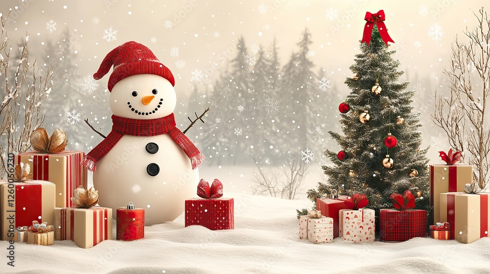 christmas and new year background with snowman fir tree and gifts christmas and new year background with snowman fir tree and gifts