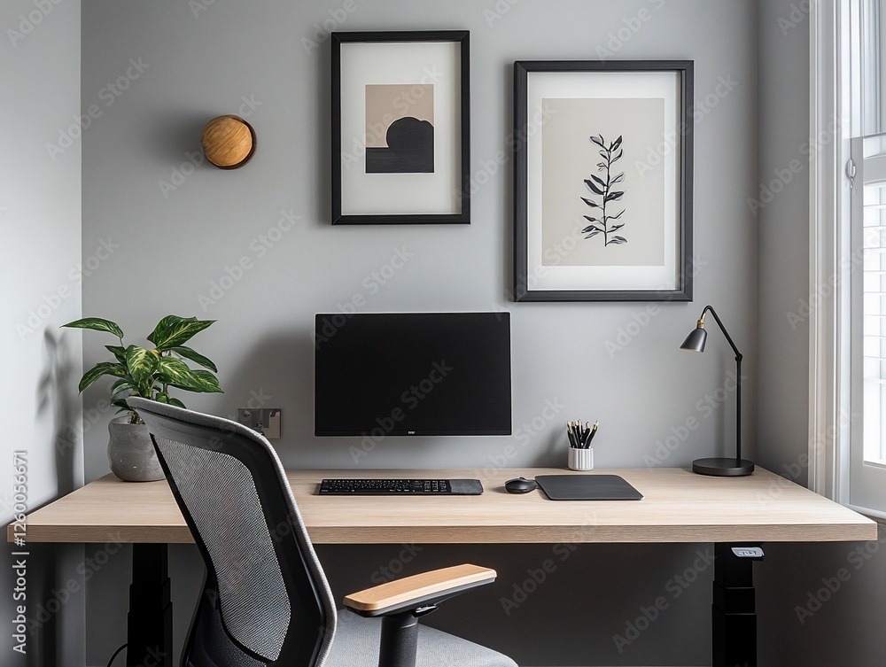 Fototapeta premium Minimalist home office setup with desk, chair, computer, and artwork.