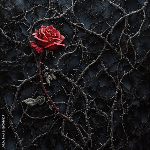 Single red rose surrounded by thorny vines against dark backdrop