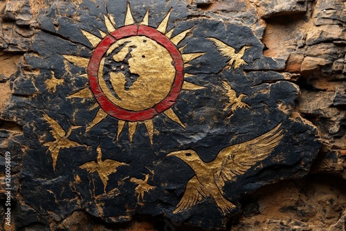 Ancient mural depicting celestial motifs and bird figures on a stone wall in a historic site