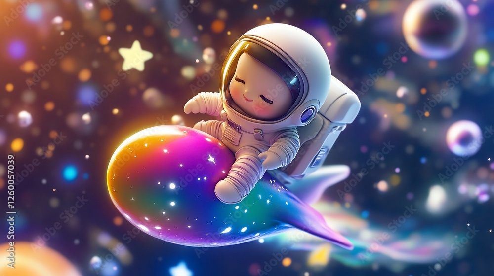 Cute astronaut child joyfully rides a colorful rocket through a vibrant galaxy filled with stars and planets. Cute astronaut child joyfully rides a colorful rocket through a vibrant galaxy filled with stars and planets.