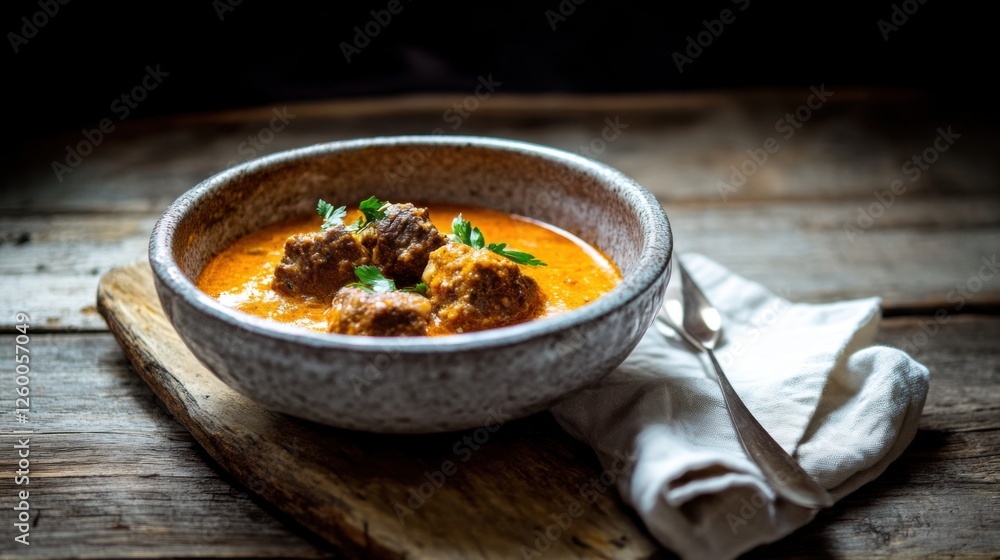 Warm Winter Comfort: Rustic Beef Stew with Fresh Herbs in Earthenware Bowl Warm Winter Comfort: Rustic Beef Stew with Fresh Herbs in Earthenware Bowl