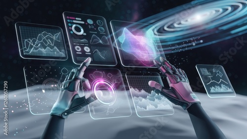 AI Robotic hands controlling a future science dashboard wallpaper design illustration