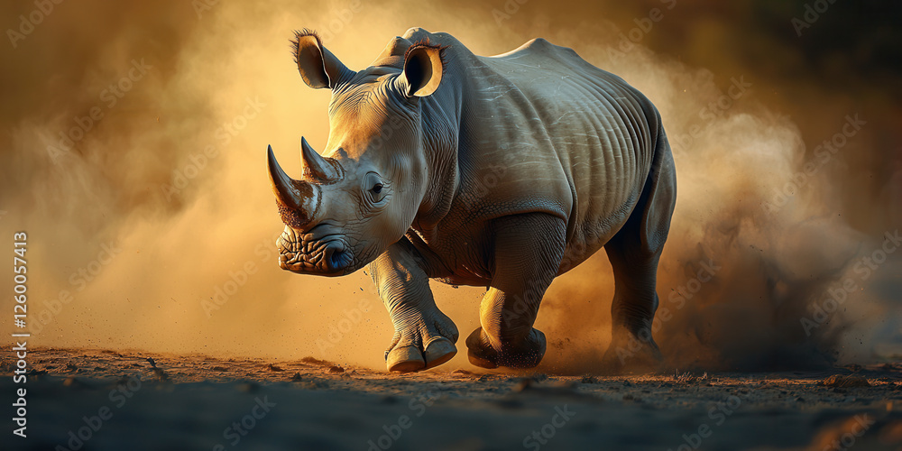 Fototapeta premium rhinoceros running across dusty savanna, showcasing strength and grace. scene captures beauty of wildlife in its natural habitat
