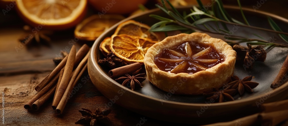 Fototapeta premium Aromatic mince pie on a dark plate with dried orange slices and cinnamon sticks arranged artfully against a wooden background showcasing warm tones