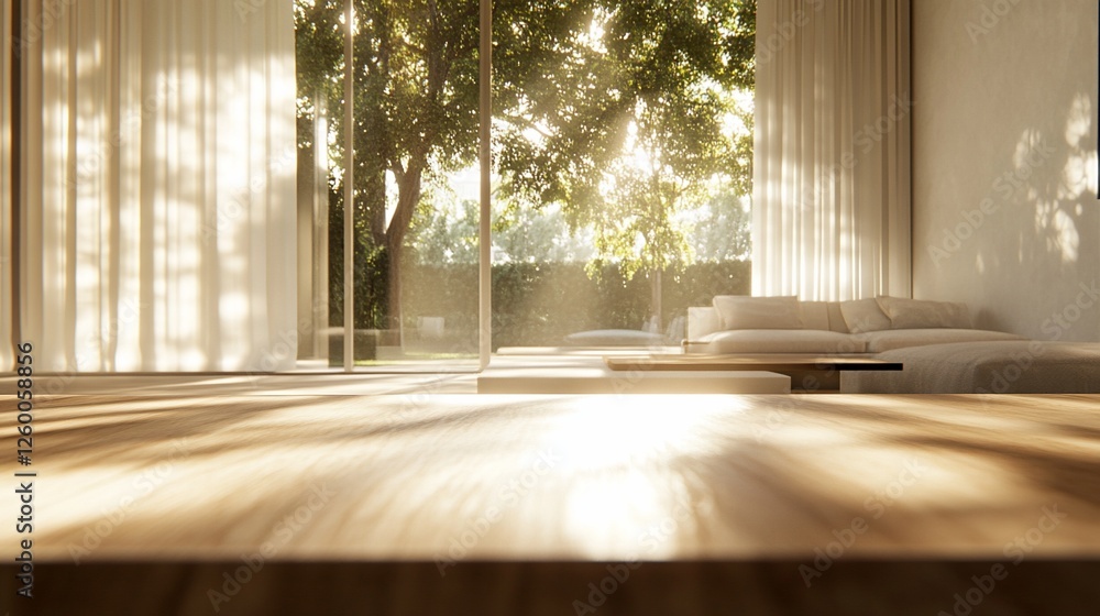Fototapeta premium Sunlit wooden table in modern living room with garden view.