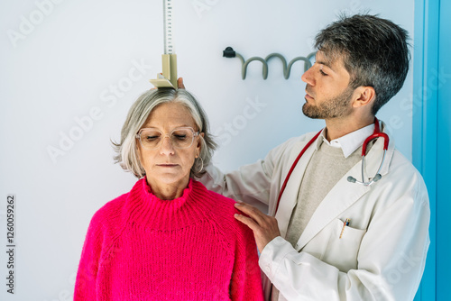 Doctor measuring height of senior woman patient in medical clinic