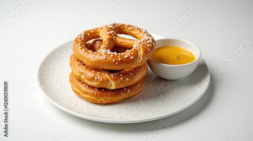 Traditional German brezen pretzels served with mustard on a clean plate photo