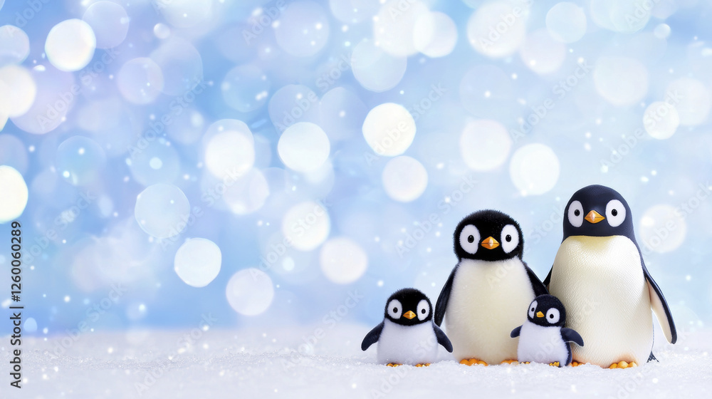 Obraz premium Cute penguin family standing together on snowy background with soft bokeh lights