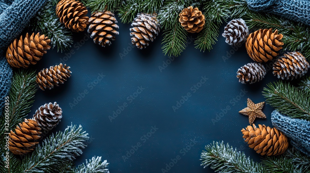 Obraz premium christmas background with fir branches cones and snowflakes top view with copy space