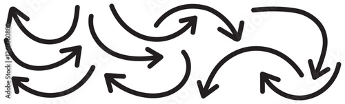 Curved arrows, hand drawn curved arrows. Black curve arrow icon vector illustration. Long curve arrow icon. Long arrow. Curved arrow icon isolated on white background. Black long curve arrow icon 