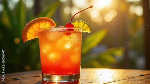 Refreshing Grenadian rum punch served over ice at sunset