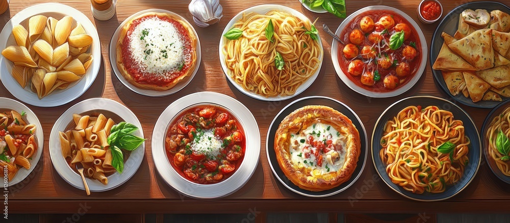 A delicious array of traditional Italian dishes in vibrant colors arranged on a wooden table featuring pasta, sauces, and garnishes. A delicious array of traditional Italian dishes in vibrant colors arranged on a wooden table featuring pasta, sauces, and garnishes.