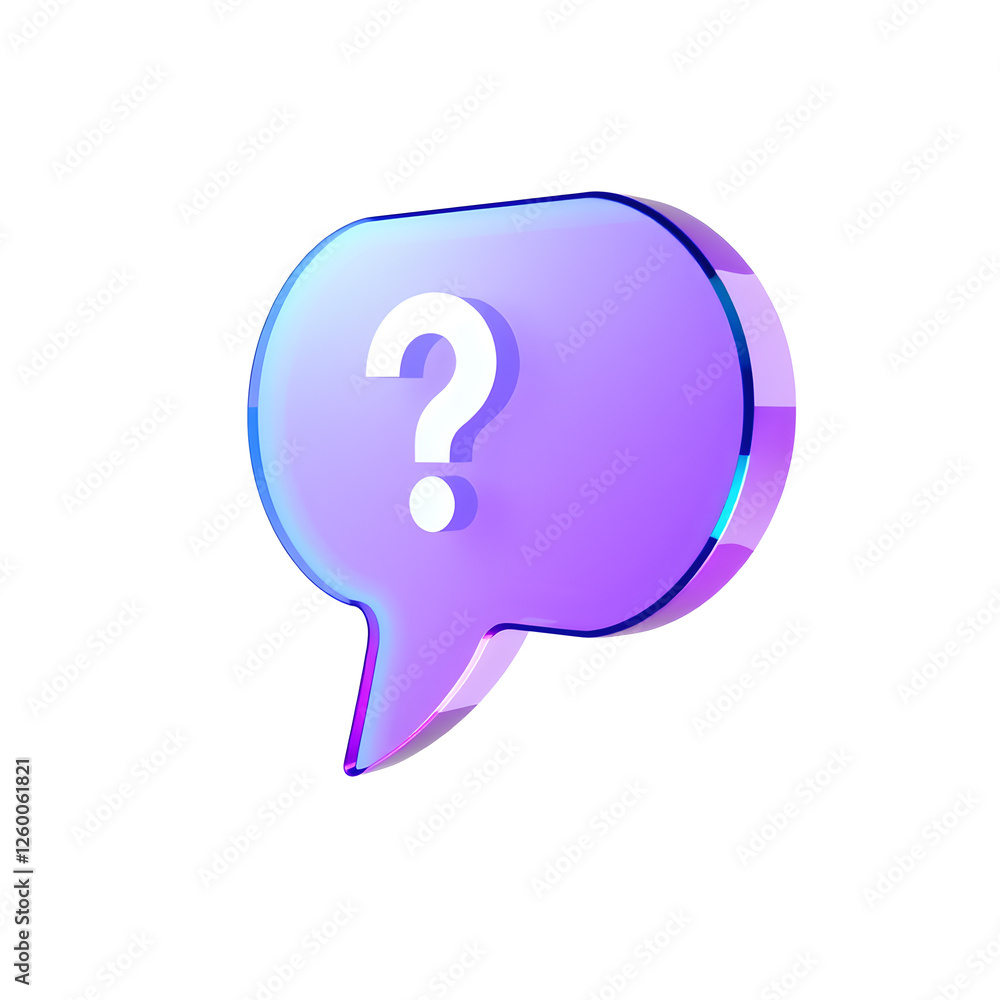 3D Message speech bubble with question mark. FAQ symbol concept. Online survey. Chatbot with help and support, glas transparent blue violet purple gradient, on white background, Generative AI 3D Message speech bubble with question mark. FAQ symbol concept. Online survey. Chatbot with help and support, glas transparent blue violet purple gradient, on white background, Generative AI