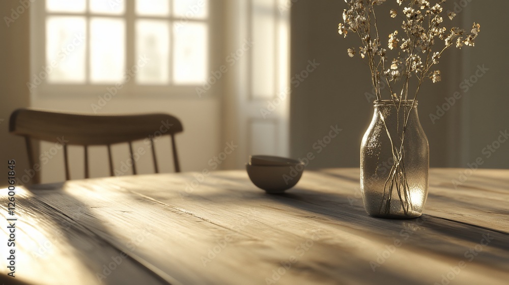 Sunlit wooden table with chair, dried flowers in glass vase, and small bowl. Sunlit wooden table with chair, dried flowers in glass vase, and small bowl.