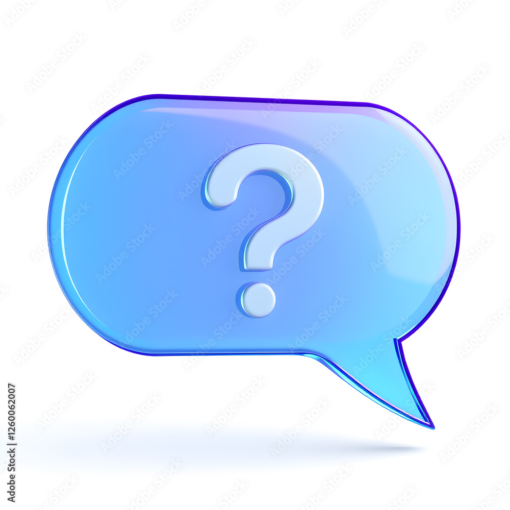3D Message speech bubble with question mark. FAQ symbol concept. Online survey. Chatbot with help and support, glas transparent blue violet purple gradient, on white background, Generative AI 3D Message speech bubble with question mark. FAQ symbol concept. Online survey. Chatbot with help and support, glas transparent blue violet purple gradient, on white background, Generative AI