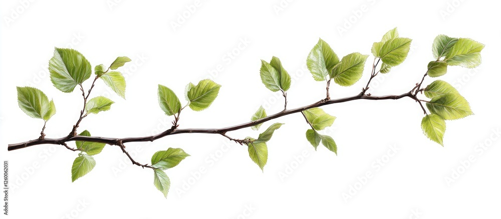 Green leaf branch on white background with fresh light green leaves arranged along a dark brown stem creating a natural frame effect. Green leaf branch on white background with fresh light green leaves arranged along a dark brown stem creating a natural frame effect.