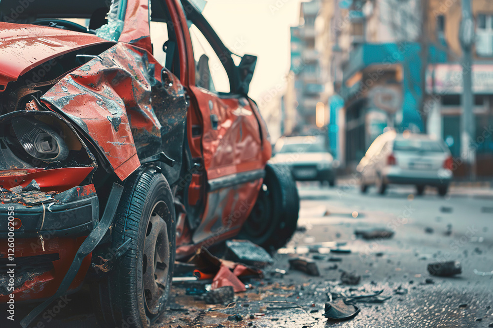 Fototapeta premium Collision of vehicles involved in major accident on city road with major damage, abstract vivid composition consists of fictional unreal fantastic vision on background
