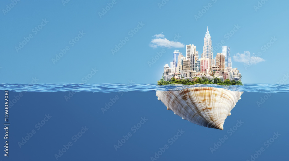 Obraz premium surreal cityscape emerging from giant seashell, blending nature and urban life