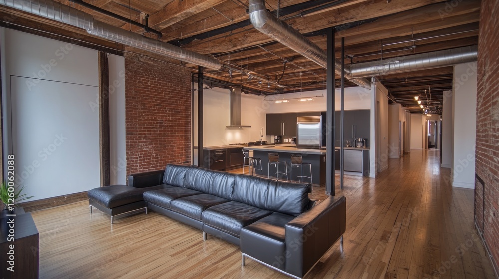 Fototapeta premium Modern Loft Apartment with Exposed Brick and Wood Beams