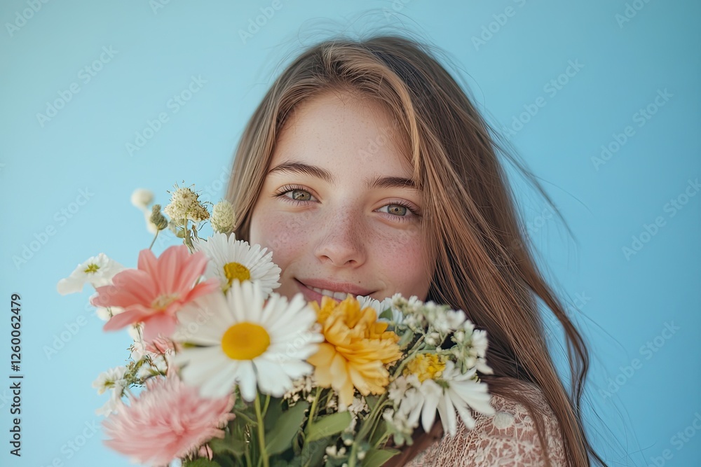 Portrait of a beautiful young woman with a bouquet of flowers, smiling and looking at the camera, isolated on a blue background. Portrait of a beautiful young woman with a bouquet of flowers, smiling and looking at the camera, isolated on a blue background.
