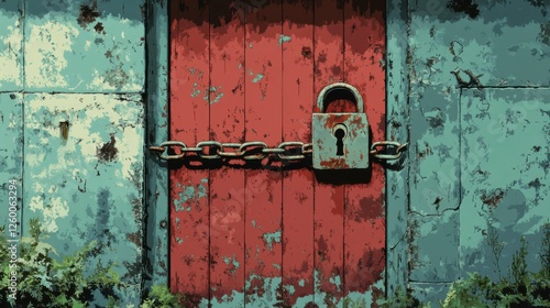 Wallpaper Mural Rusty padlock on chained metal gate with weathered texture and background foliage Torontodigital.ca