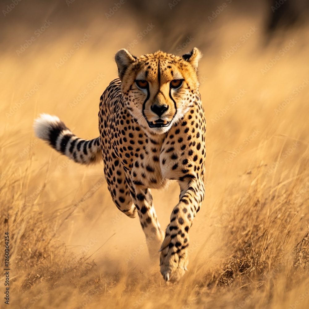 Cheetah running through tall savanna grass, intense gaze, golden hour lighting. Cheetah running through tall savanna grass, intense gaze, golden hour lighting.